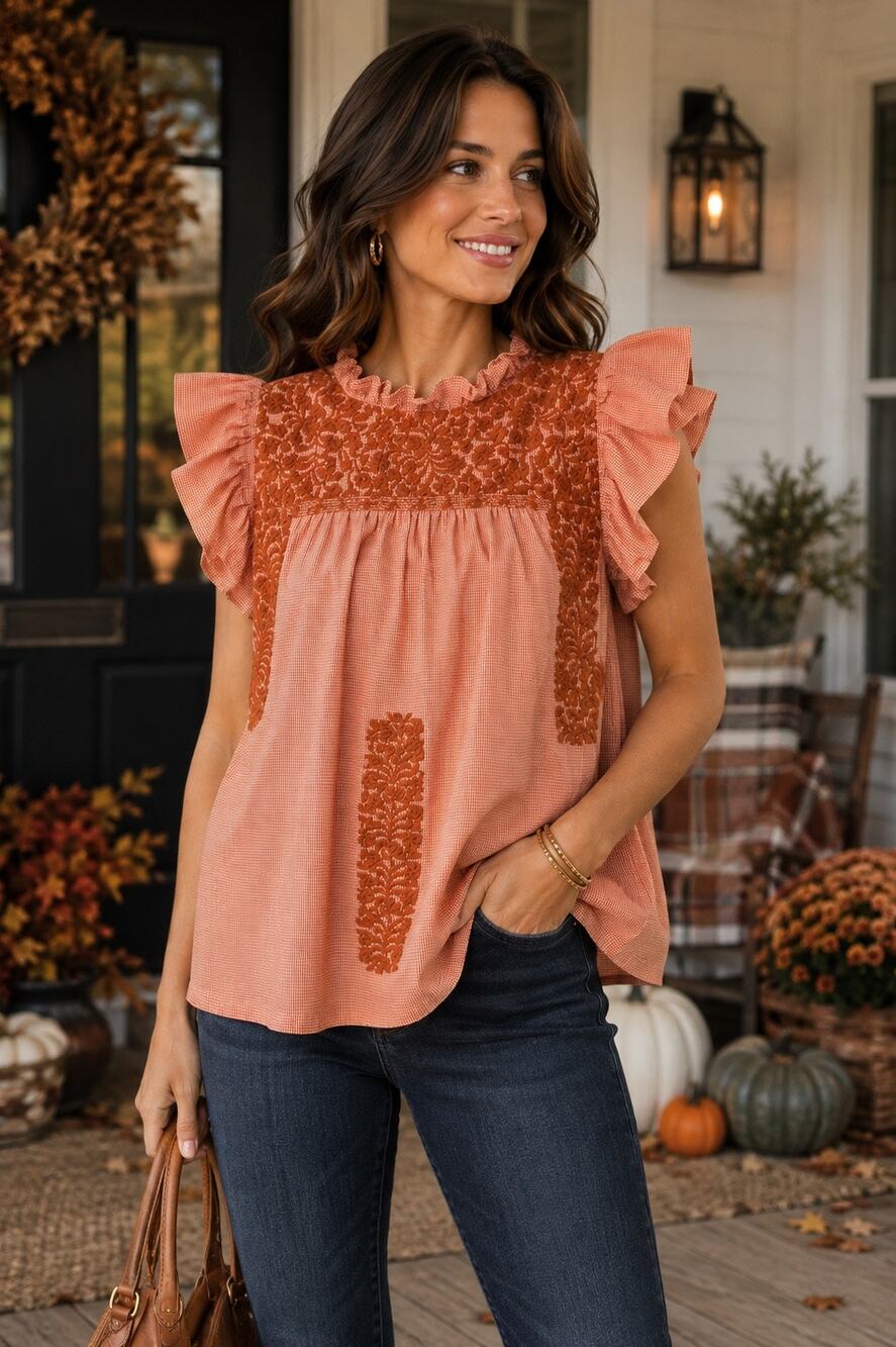 J. Marie Gingham Embroidered Ruffle Flutter Sleeve Top Sz L Orange
Cottagecore